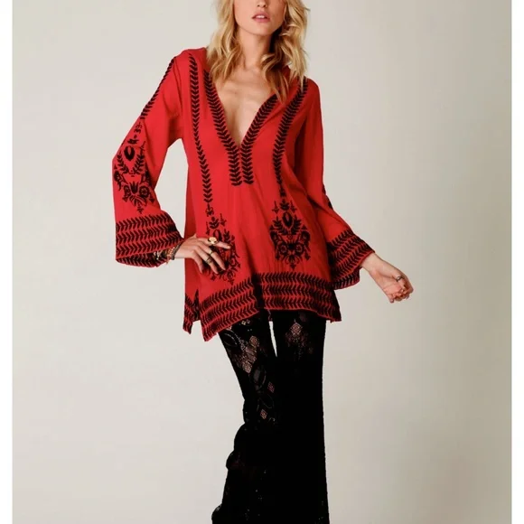 FREE PEOPLE Boho Embroidered Top Tunic or Mini Dress Hooded Swim Cover Up Red - Picture 4 of 15